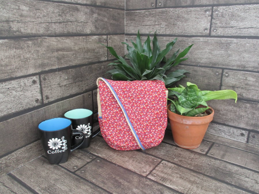 Image of Upcycled Coffee Sack -  Mini Shoulder Bag -  Red ditsy print