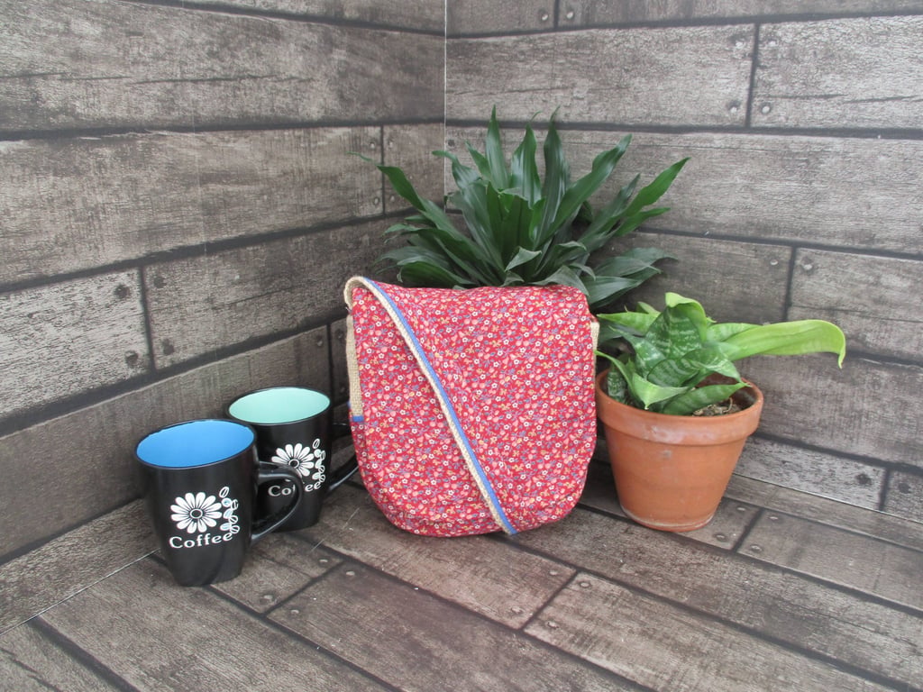 Upcycled Coffee Sack -  Mini Shoulder Bag -  Red ditsy print