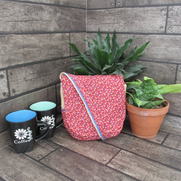Upcycled Coffee Sack -  Mini Shoulder Bag -  Red ditsy print