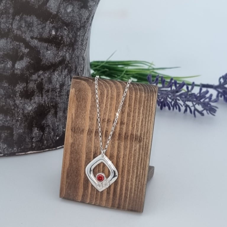 Fine Silver and Red Crystal Diamond Shape Flower Necklace