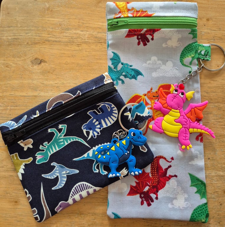 Set of 2 Handmade Zipper Pouches - Dinosaur and Dragon Style