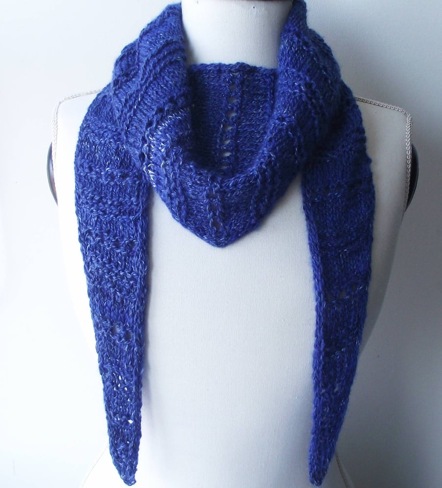 Blue Boomerang Scarf, Handspun Knitted, Merino Wool & Silk