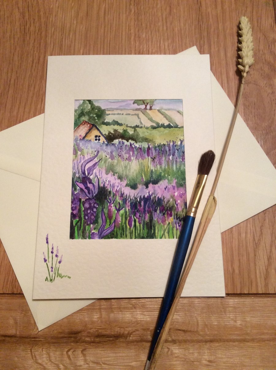 Original watercolour painted greeting card of purple lavender in field