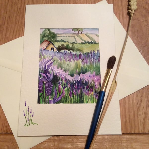 Original watercolour painted greeting card of purple lavender in field