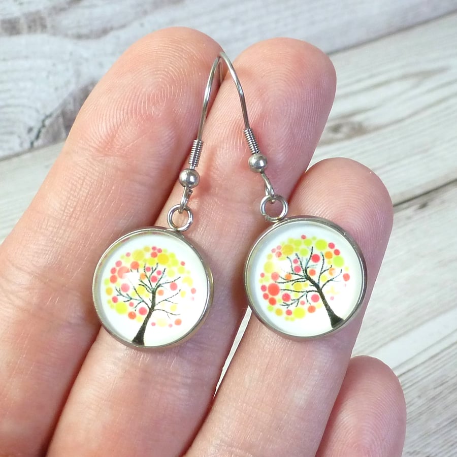 Dainty yellow tree earrings, nature inspired colourful dangle earrings