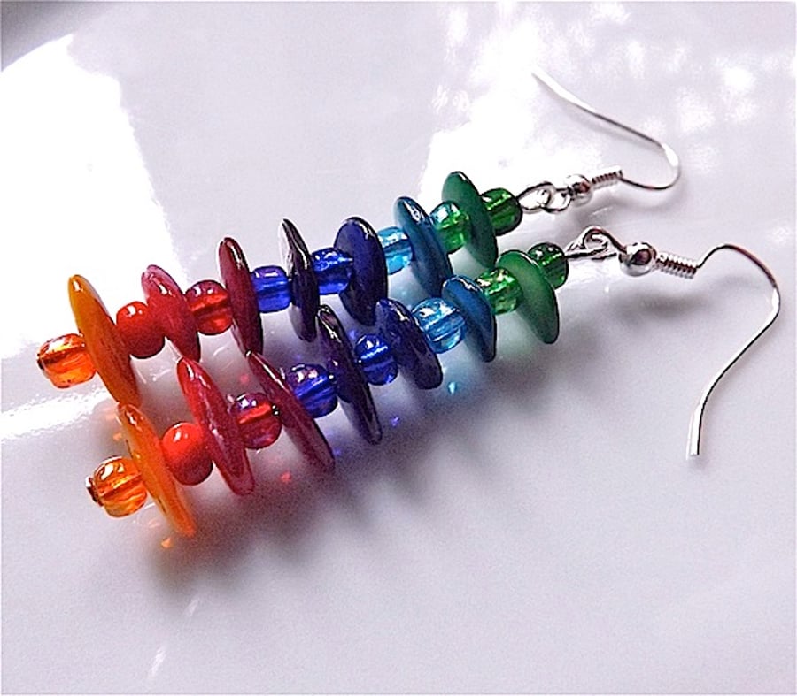 Rainbow earrings for pierced ears, dyed shell freeform dangle, hippy boho.