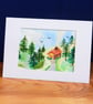 Cosy cabin in evergreen forest - watercolour greeting card, blank inside