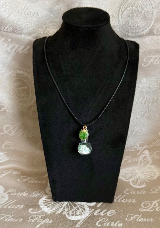 Handmade Mermaid Potion Bottle Necklace – Ocean Glass Pendant with Green Shell 