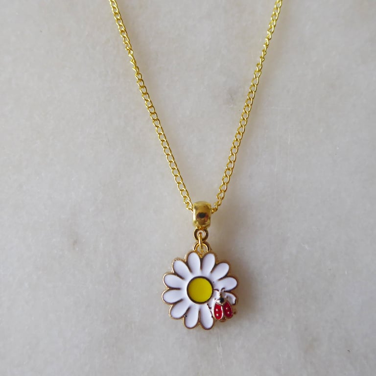 Daisy and Ladybird Enamelled Pendant with gold plated Chain