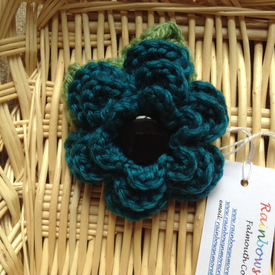 Hand Crochet Flower Brooch in Turquoise