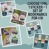 Choose a Pin Badge, Sticker & Bookmark Set Offer