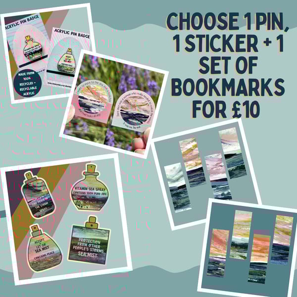 Choose a Pin Badge, Sticker & Bookmark Set Offer