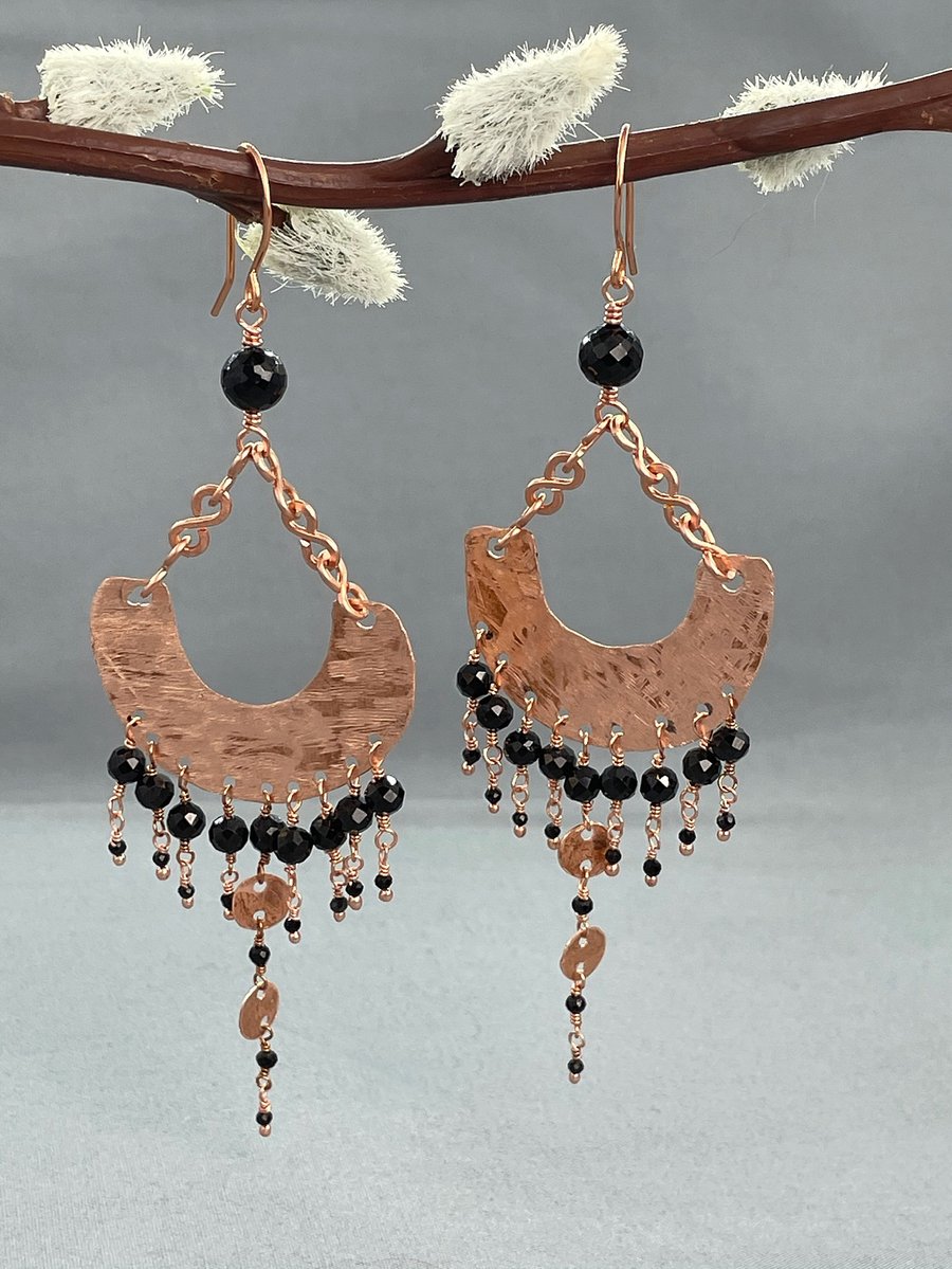 Hammered Copper Boho Chandelier Sparkly Earrings with Black Spinel 