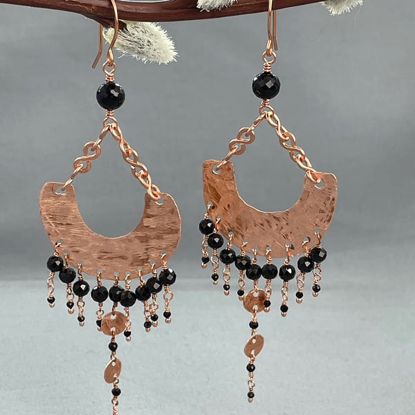 Hammered Copper Boho Chandelier Sparkly Earrings with Black Spinel 