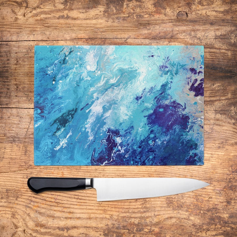 Blue Marbled Fluid Art Glass Chopping Board - Worktop Saver, Platter, Large Cutt