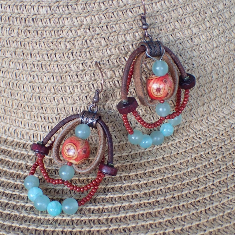 Boho Brown Beaded Beach Earrings, with Leather, Wood and Green Gemstones.