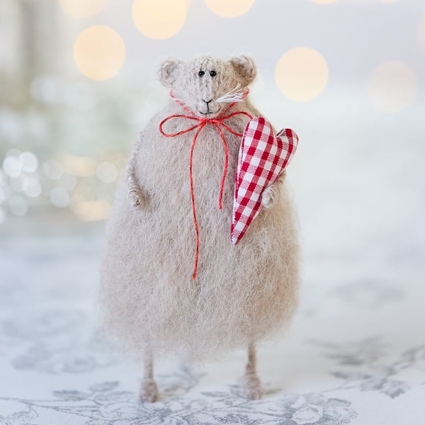 Mouse with a heart, knitted rat art doll