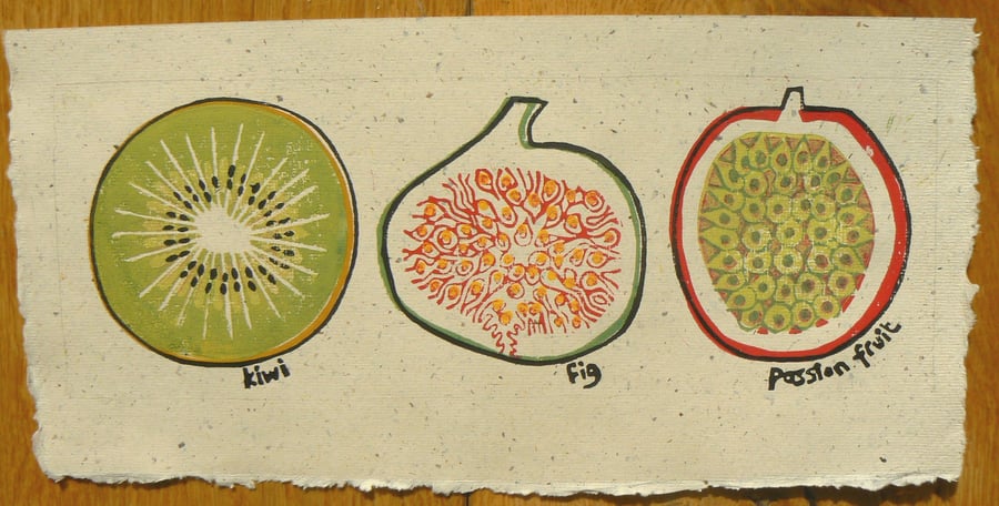 Kiwi, Fig and Passion Fruit linocut print