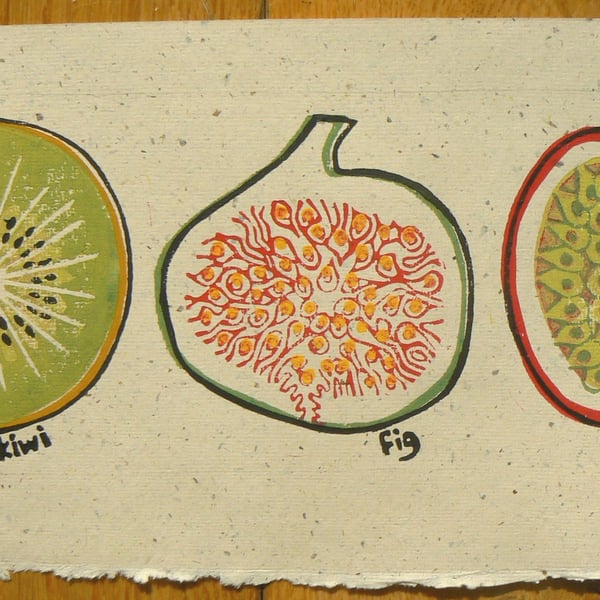 Kiwi, Fig and Passion Fruit linocut print