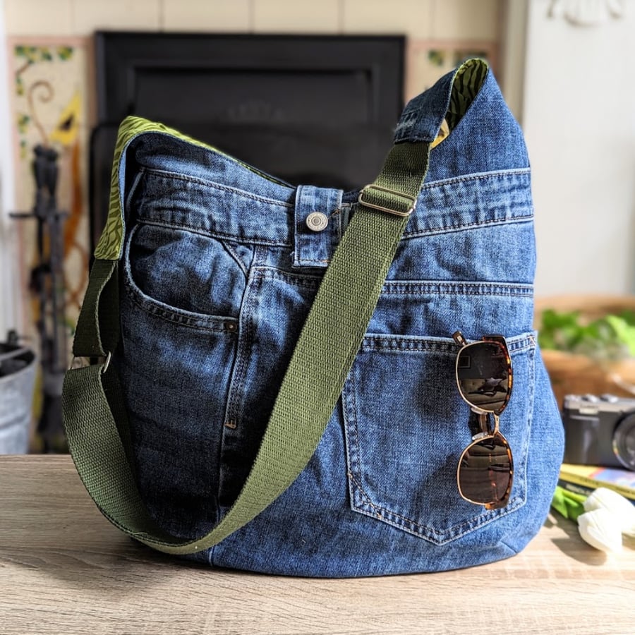 Denim Bag - Large Cross Body Shoulder Bag with Olive Green Strap