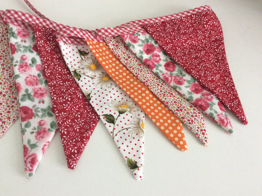 Orange and red bunting - 12 flags pretty floral mix 2.5m inc ties