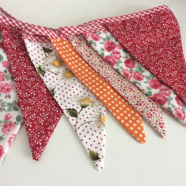 Orange and red bunting - 12 flags pretty floral mix 2.5m inc ties