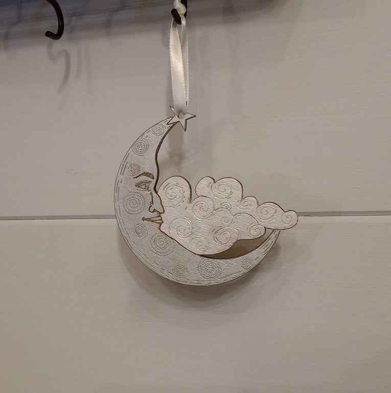 Folk Art Moon face in the clouds,laser etched and laser cut from wood