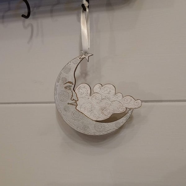 Folk Art Moon face in the clouds,laser etched and laser cut from wood