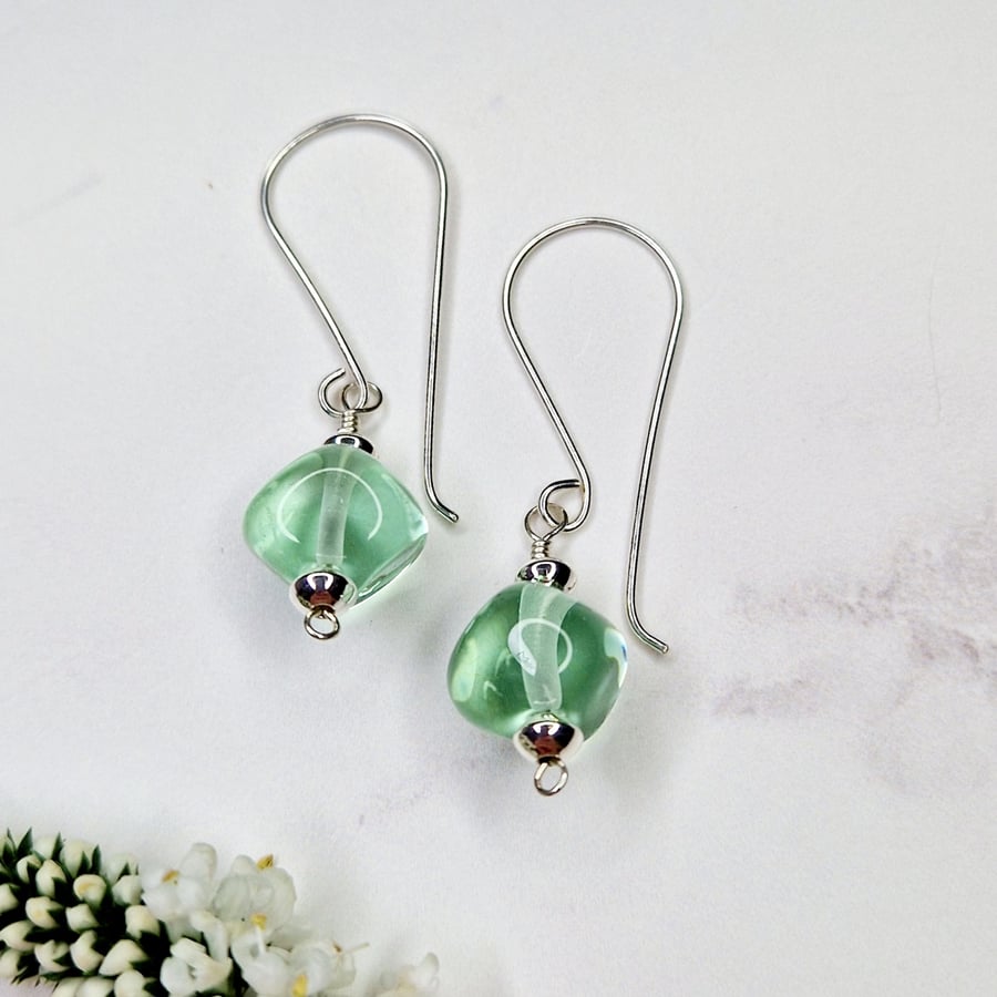 Green Ice Lampwork Glass and Silver Bead Earrings