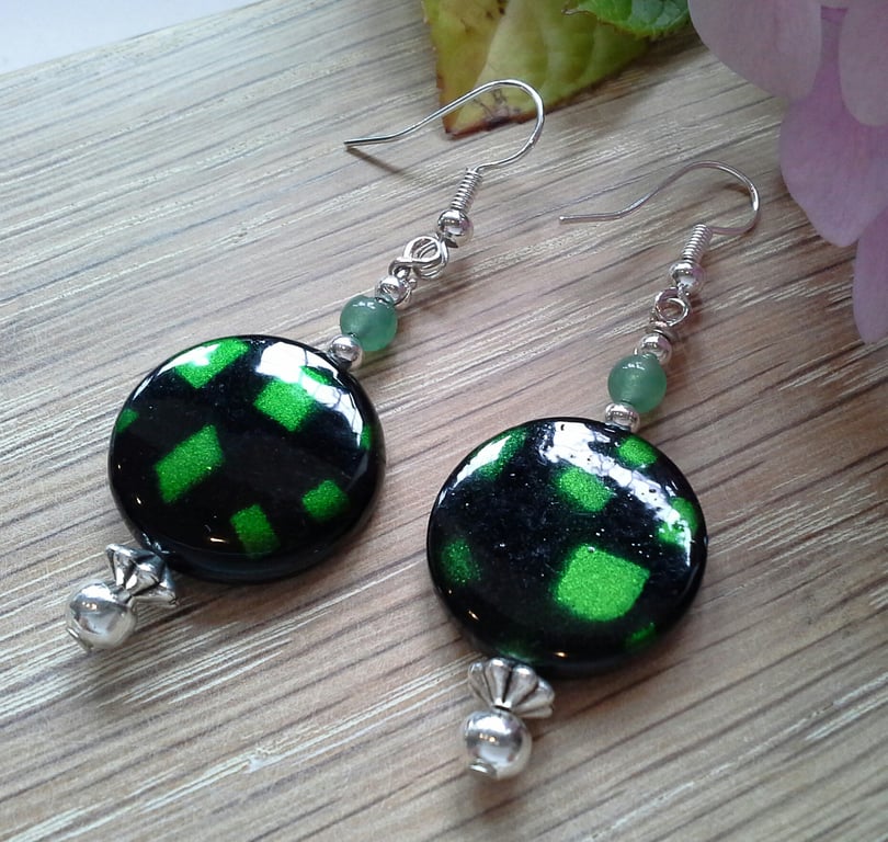 Green Aventurine & Mother of Pearl Silver Plate Earrings