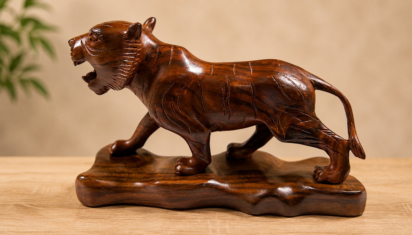 Hand Carved Wooden Animal Tiger Sculpture - Vintage Safari Home Decor