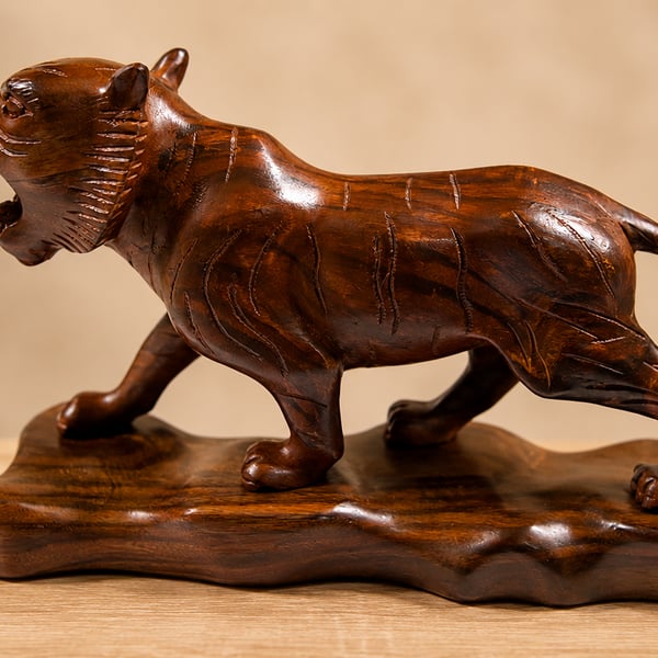 Hand Carved Wooden Animal Tiger Sculpture - Vintage Safari Home Decor