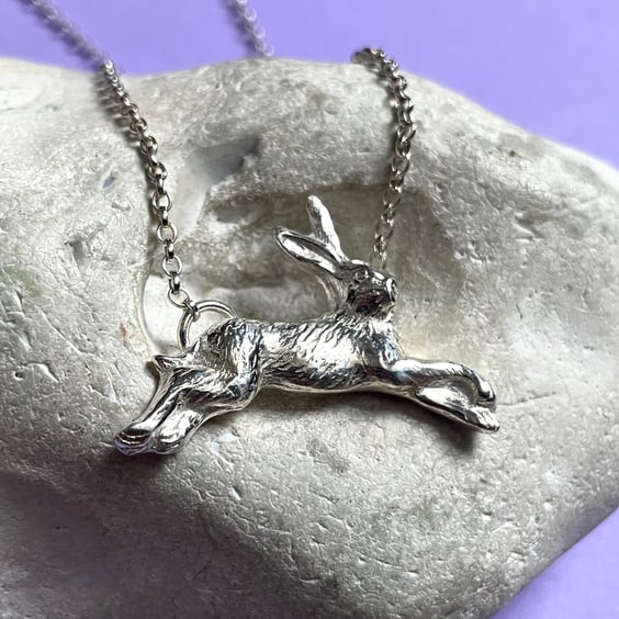 Leaping hare necklace in fine silver 