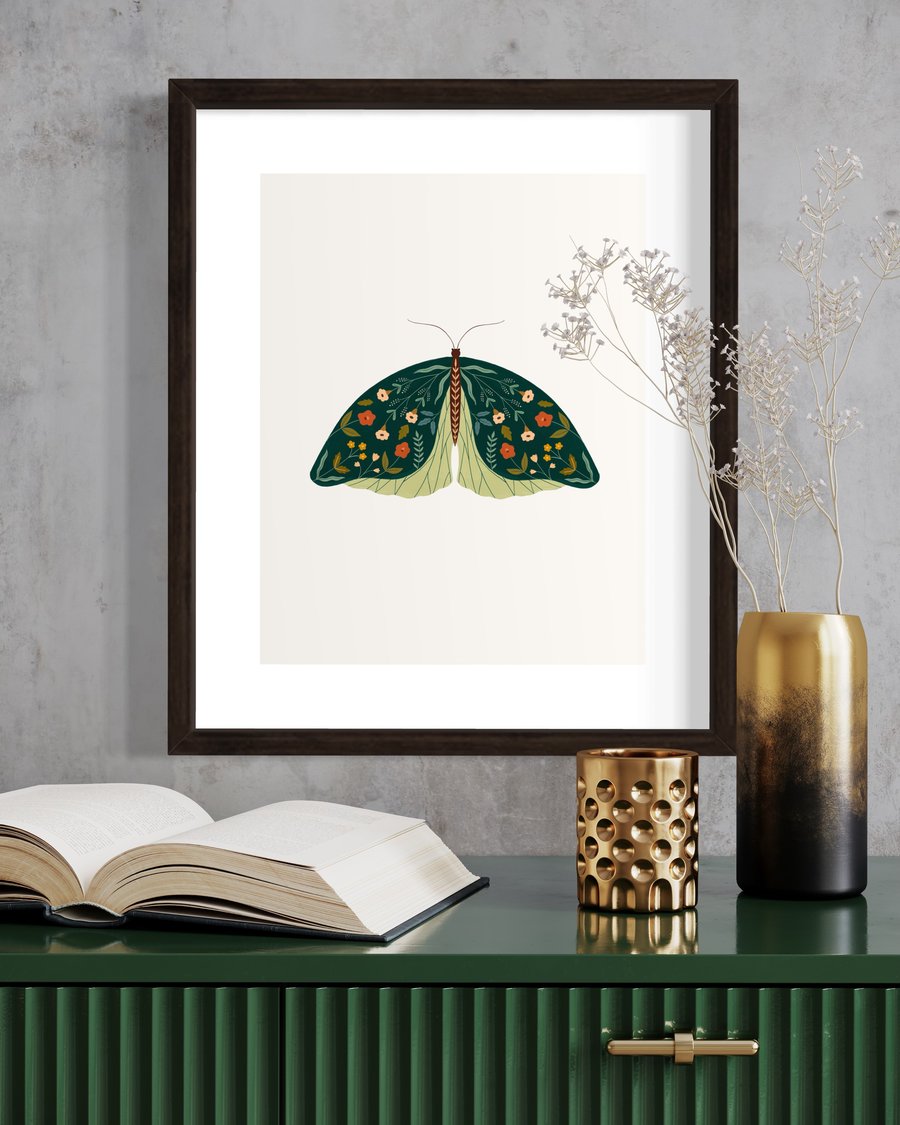 Emerald Green Botanical Floral Moth Illustrated Art Print