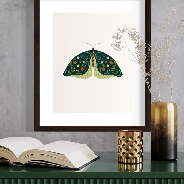 Emerald Green Botanical Floral Moth Illustrated Art Print