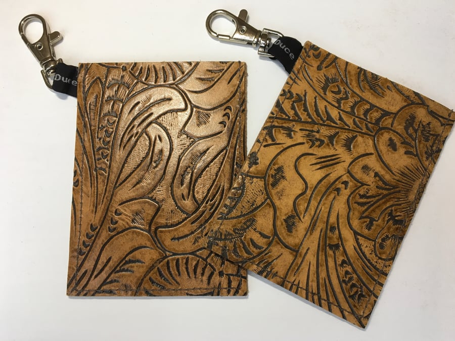 Embossed leather card holder & key clip, travel pass, Oyster card, earphones