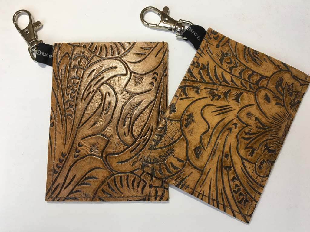 Embossed leather card holder & key clip, travel pass, Oyster card, earphones