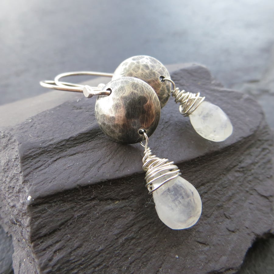 Sterling silver and moonstone earrings, Textured silver discs