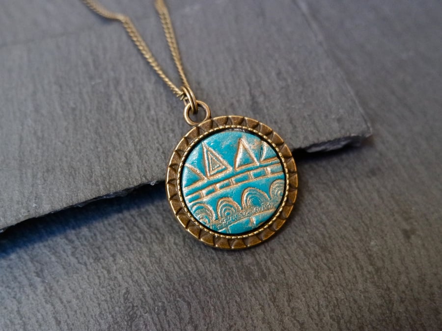 Necklace - Geometric pattern turquoise antique gold bronze