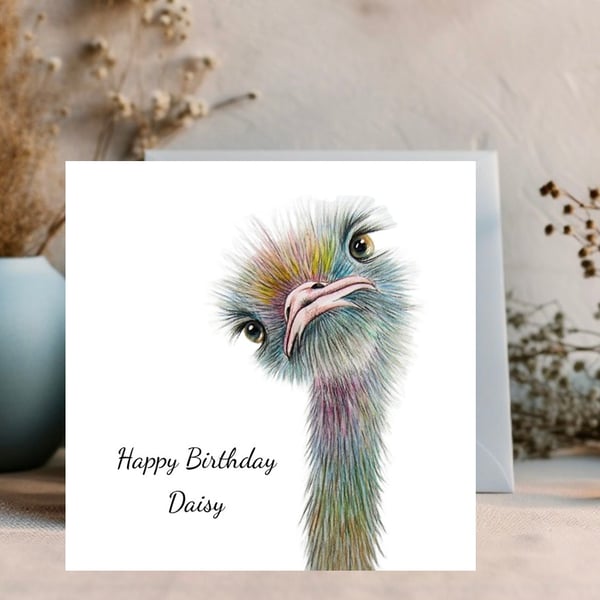 Watercolour Emu Card can be left blank or personalised with your own message.