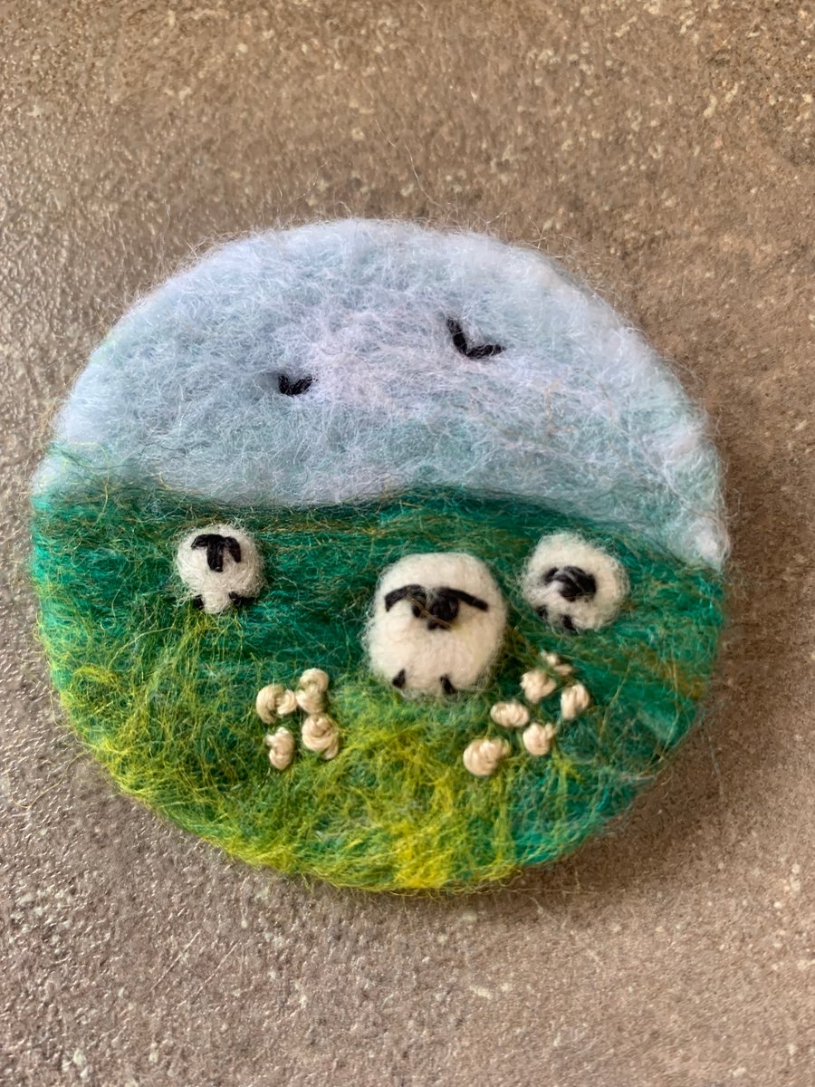 Sheep in the meadow Needle felted brooch