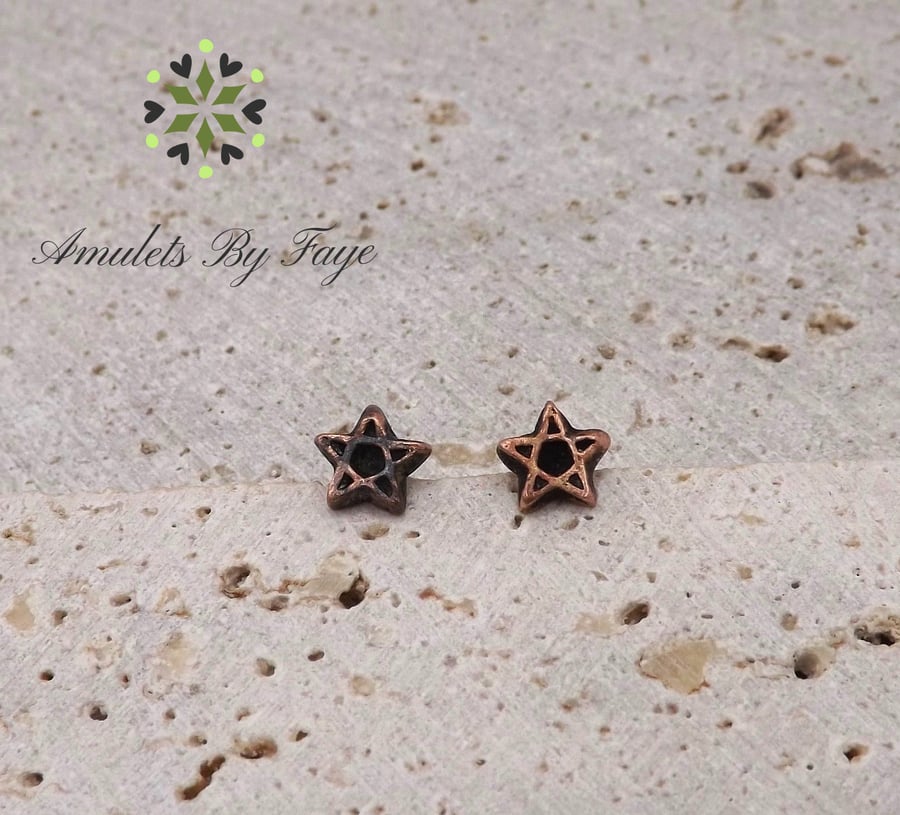 Small Recycled Copper Pentagram Stud Earrings.