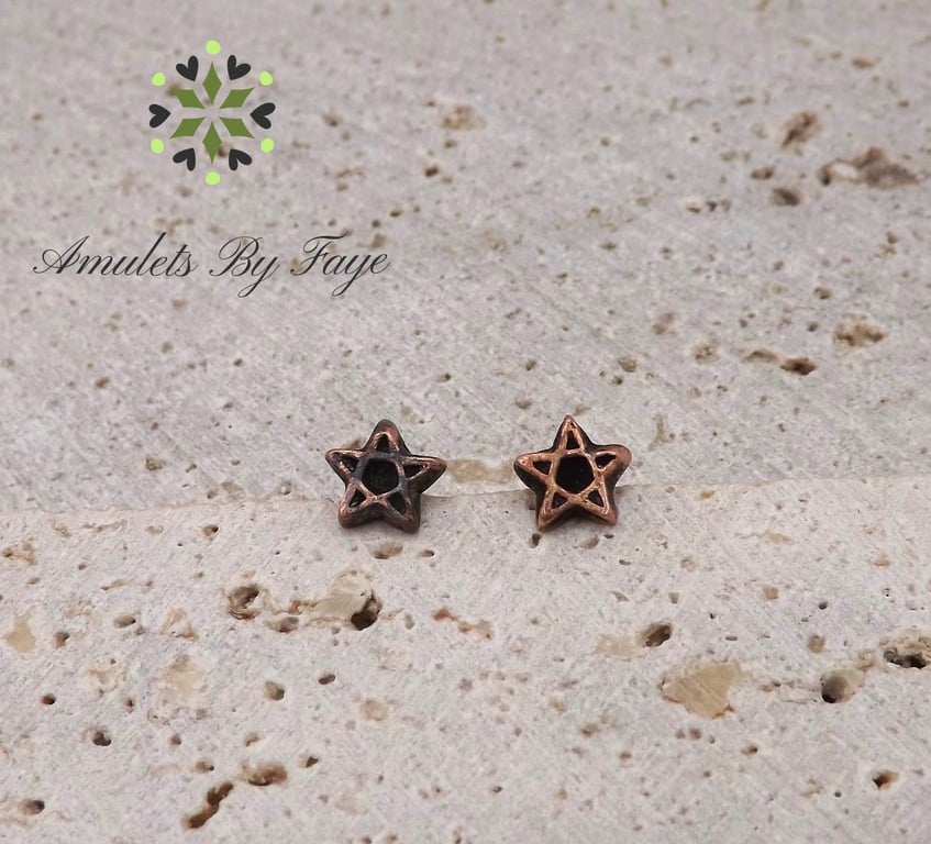 Small Recycled Copper Pentagram Stud Earrings.