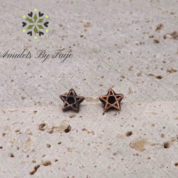 Small Recycled Copper Pentagram Stud Earrings.