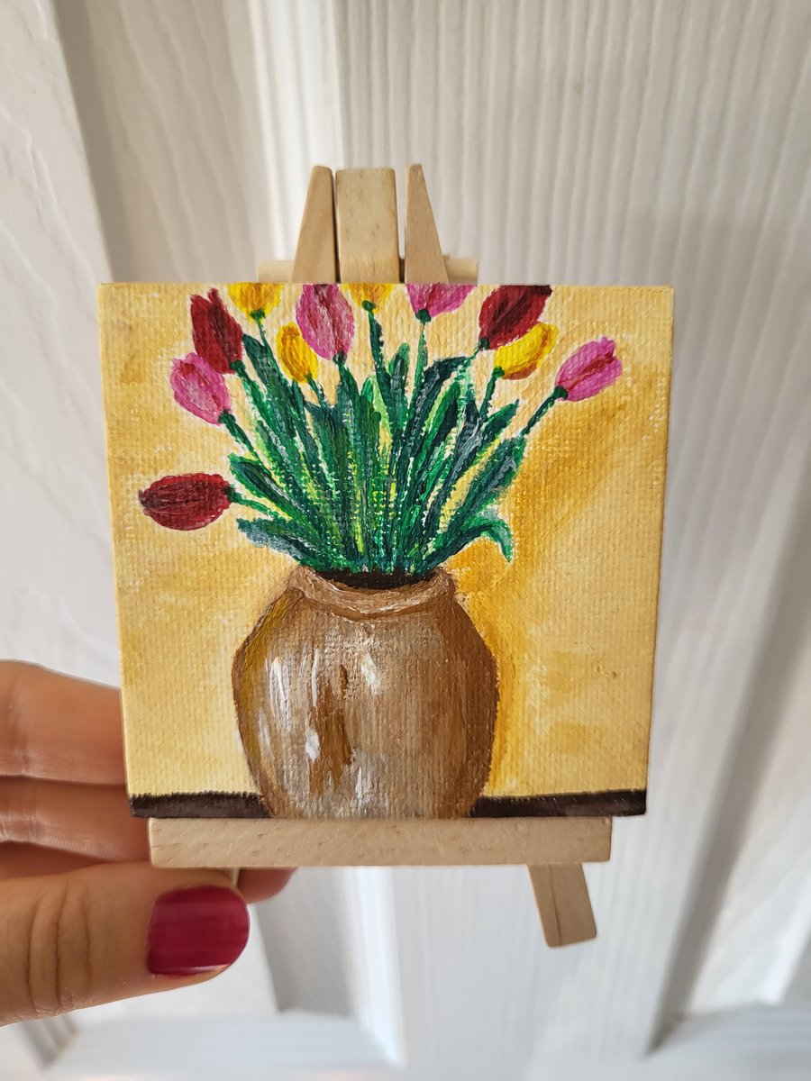 Original acrylic painting mini canvas flowers in clay vase tulips
