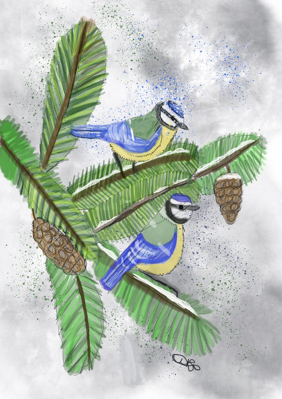 Digital watercolour bluetits
