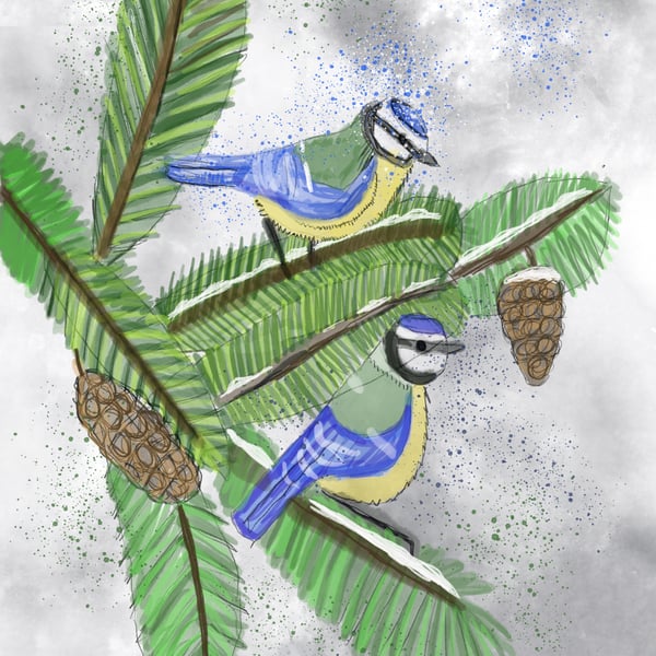 Digital watercolour bluetits