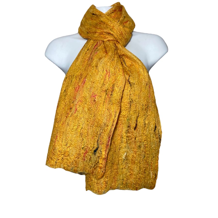 Scarf, merino wool with silk decoration in yellow