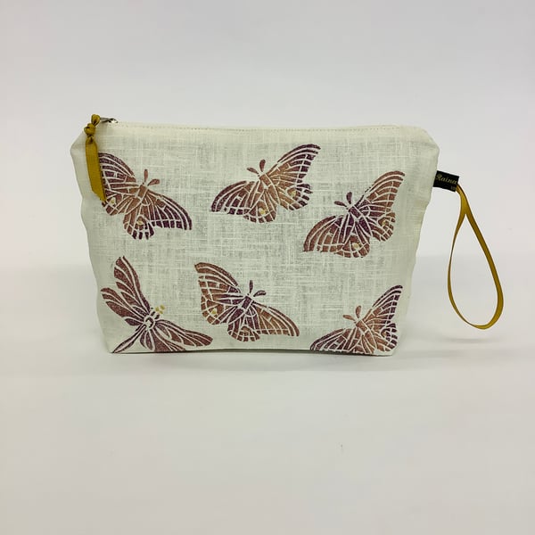 Cream Butterflies and Dragonflies linen makeup bag 