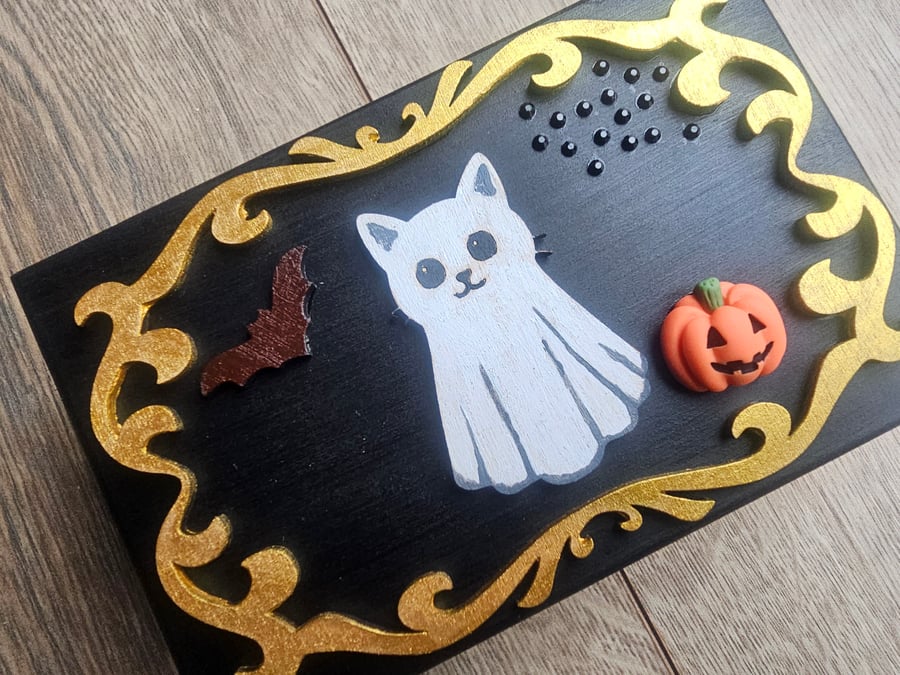 Ghost cat halloween scene handmade jewellery or trinket box